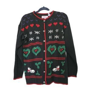 Vtg Christmas Cardigan Womens S Embroidered Cat Dog Fair Isle Hearts Grandmacore
